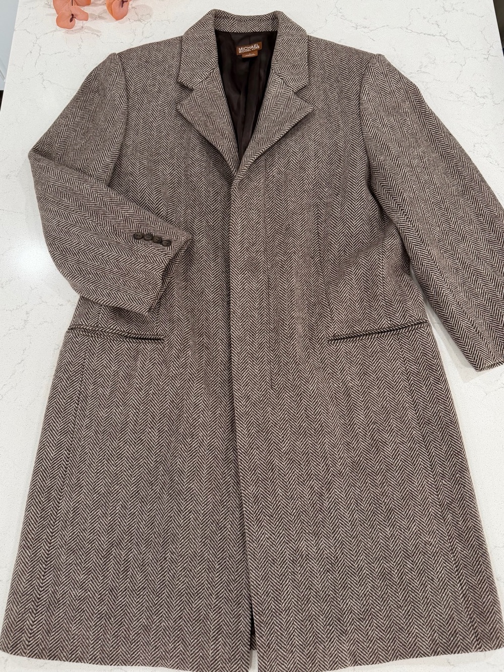 Michael Kors 100% Wool Men's Taupe Herringbone Wool Pea Coat - Picture 5 of 15
